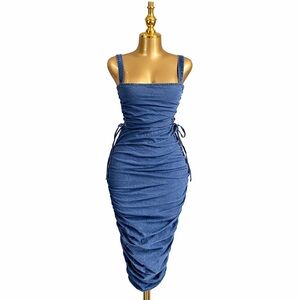 SWANK Denim-Effect Blue Ruched Midi Dress with Side Ties